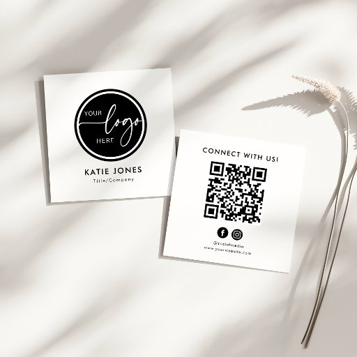 Customizable QR Code Black White Custom Logo Connect with Us Square Business Card