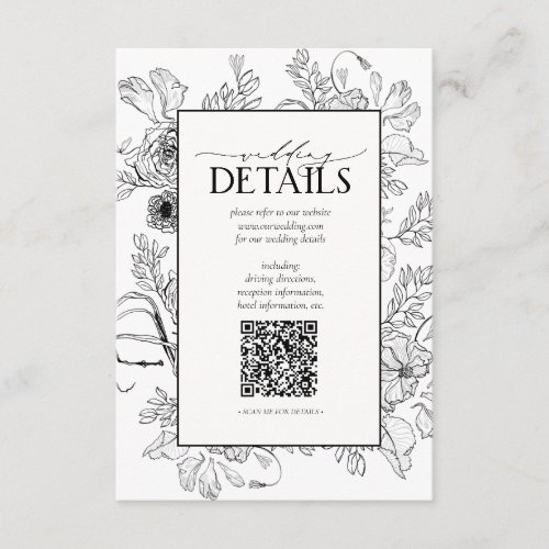 QR Code Black White Floral Wedding Details Enclosure Card