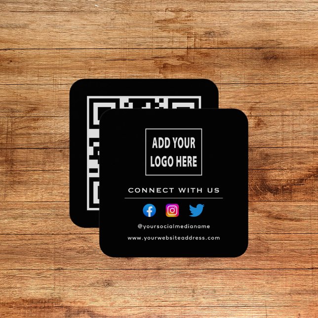 QR Code Black White Follow Scan To Connect With Us Square Business Card (Creator Uploaded)