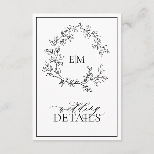 QR Code Black White Leafy Crest Monogram Details Enclosure Card (Front)