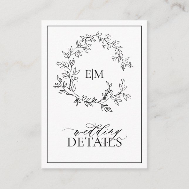 QR Code Black White Leafy Crest Monogram Details Enclosure Card (Front)