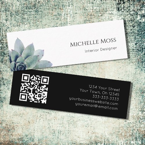 QR code Black White Modern Botanical Greenery  Mini Business Card