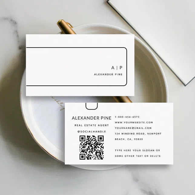 QR Code Black White Monogram Elegant Professional Business Card | Zazzle