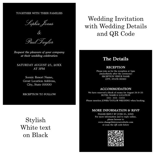 QR Code Black White Script RSVP Wedding Invitation