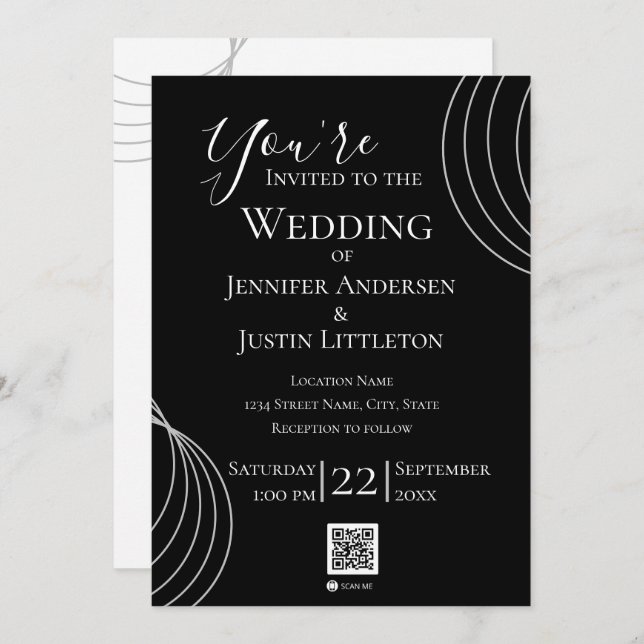 QR Code Black White Wedding Invitation (Front/Back)