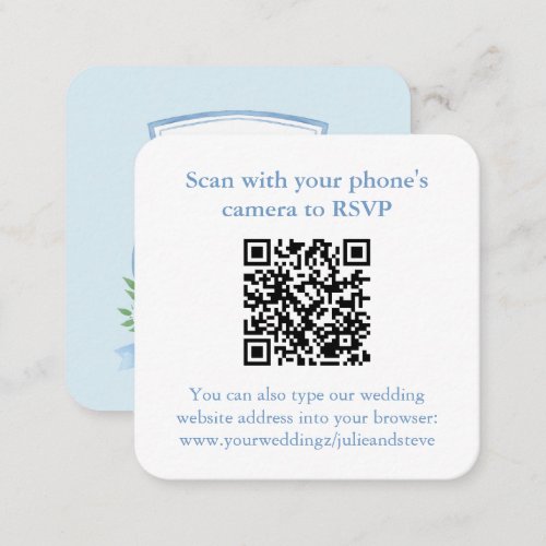 QR Code Blue And White Monogram Crest Wedding RSVP Enclosure Card