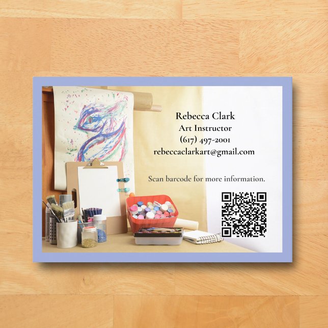 QR Code Blue Art Teacher Tutor Art Class  Business Card (Blue Art Classroom Business Card for Teacher )