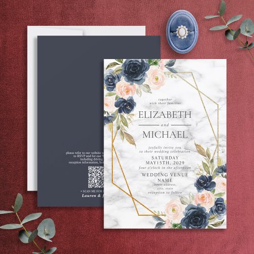 QR Code Blue Blush Marble Geometric Floral Wedding Invitation