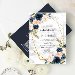 QR Code Blue Blush Marble Geometric Floral Wedding Invitation