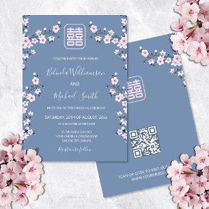 QR Code Blue Cherry Blossom Chinese Wedding Invitation