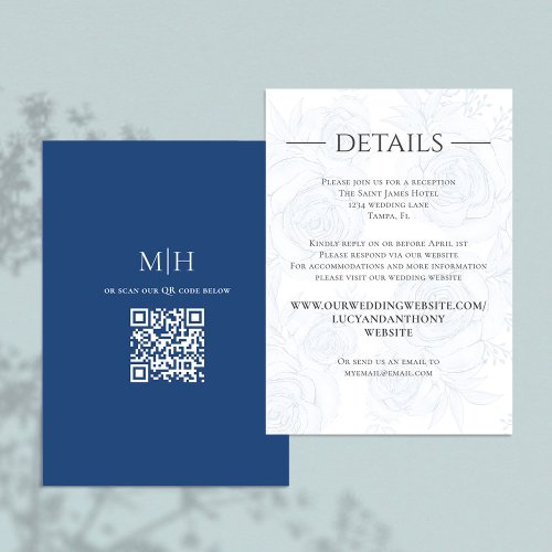 QR Code Blue Floral RSVP Online Wedding Details Enclosure Card