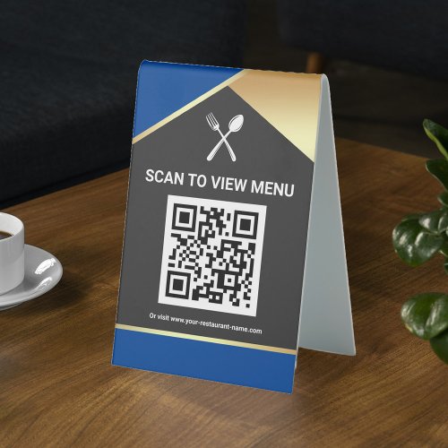 QR Code Blue Gold Digital Menu for Restaurants Table Tent Sign