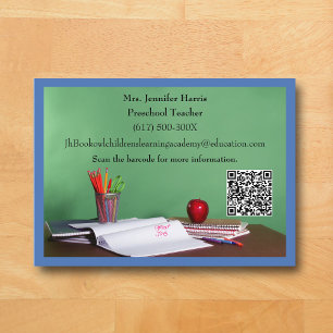 QR Code Blue Grade School Preschool Teacher  Business Card