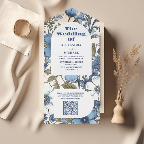 QR Code Blue Periwinkle Wildflowers Wedding All In One Invitation