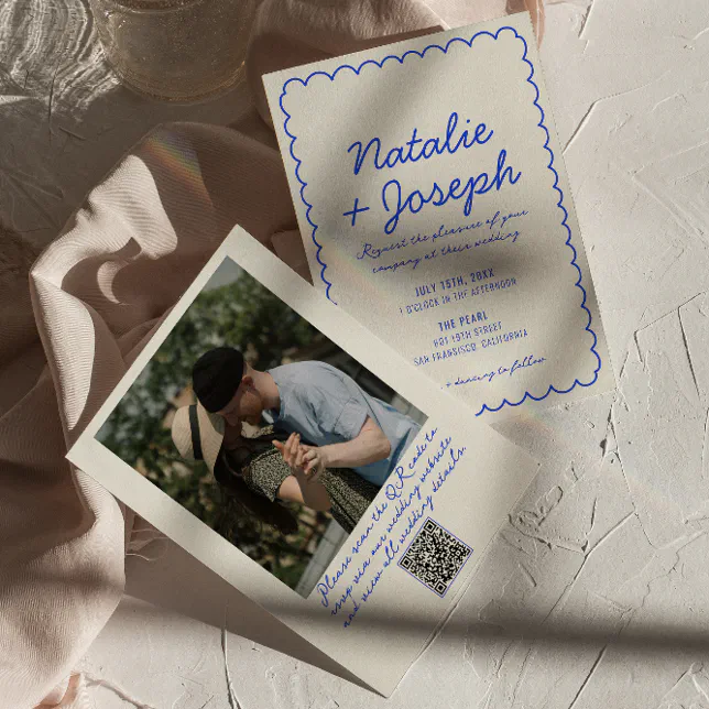 Fun Blue Invite Frame QR Code Blue Retro Fun Whimsical Photo Wedding Invitation | Zazzle