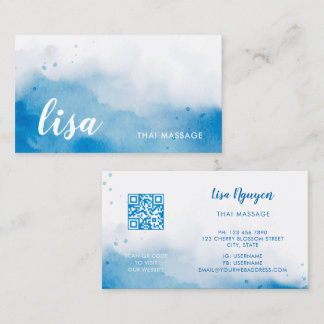 QR Code Blue Watercolor Background Business Card