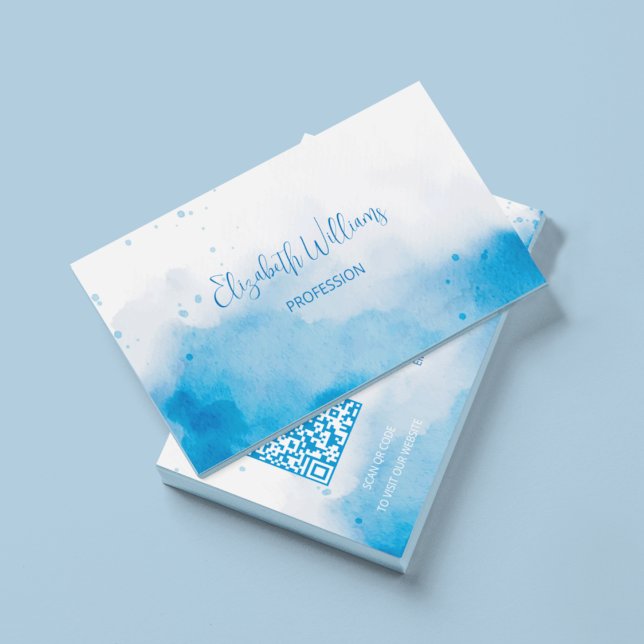 QR Code Blue  Watercolor Background Business Card (Creator Uploaded)