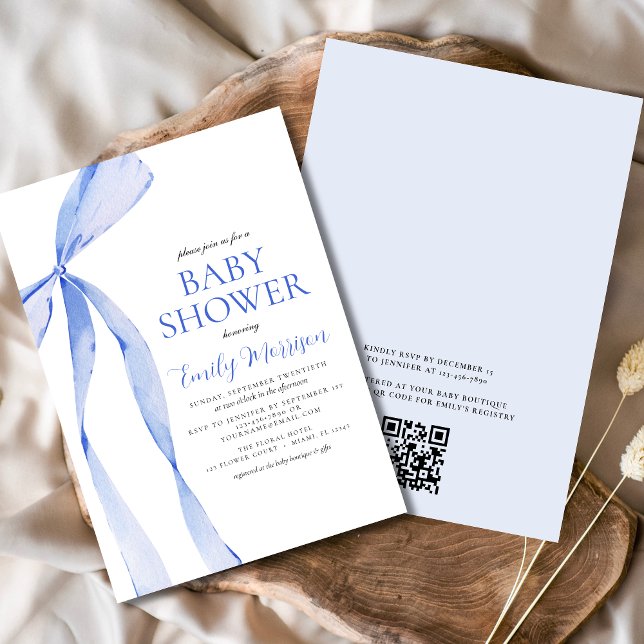 QR Code Blue Watercolor Bow Boy Baby Shower Invitation (Creator Uploaded)