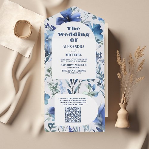 QR Code Blue Watercolor  Wildflowers Wedding All In One Invitation