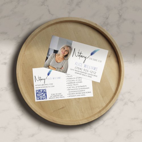 QR Code Blue  White Minimalist Notary Photo Business Card