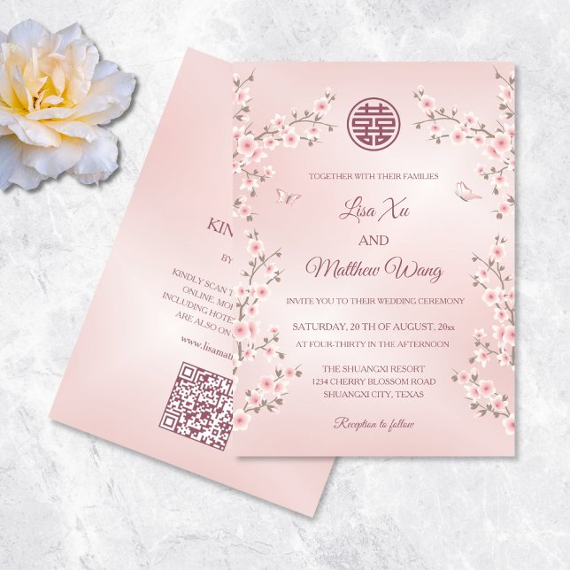 QR Code Blush Blush Pink Floral Chinese Wedding Invitation (Creator Uploaded)