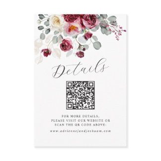 QR Code Blush & Burgundy Floral Wedding Details Enclosure Card