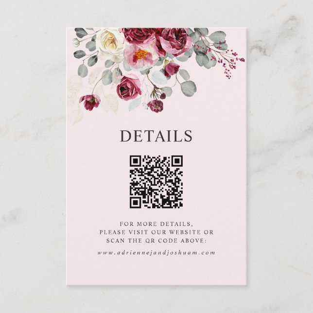 QR Code Blush & Burgundy Pink Wedding Details Enclosure Card (Front)