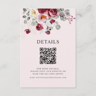 QR Code Blush & Burgundy Pink Wedding Details Enclosure Card