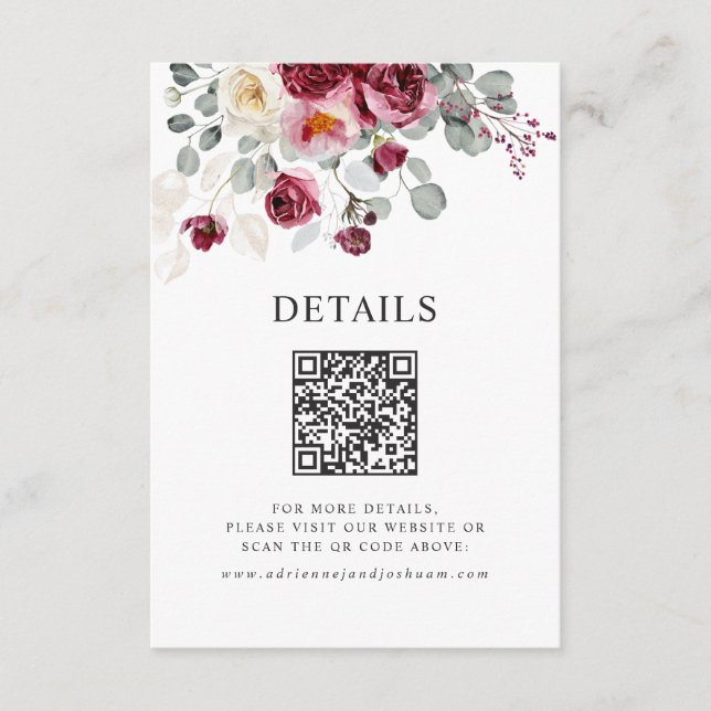 QR Code Blush & Burgundy Wedding Details Enclosure Card (Front)