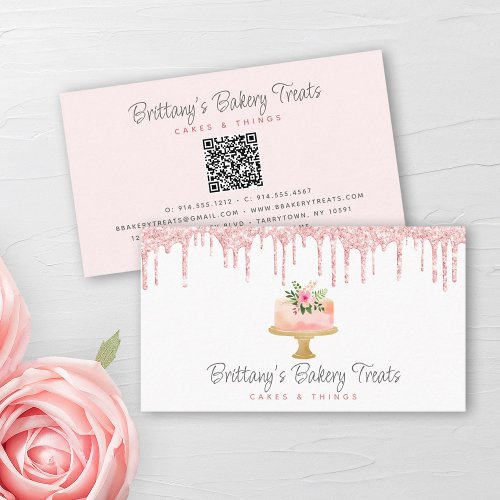 QR Code Blush Pink Cake Glitter Drips Pastry Chef Business Card