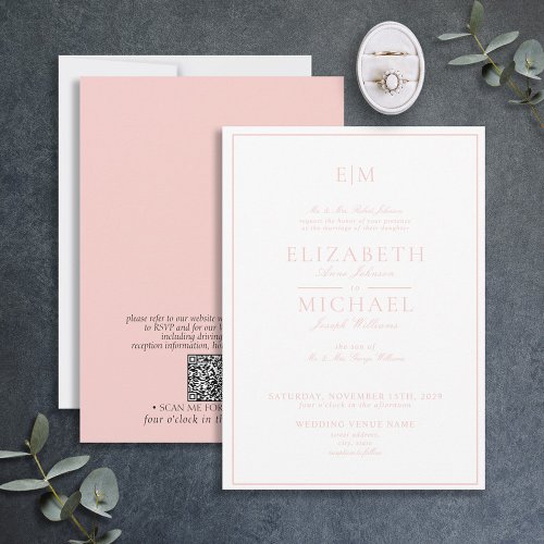 QR Code Blush Pink Classic Monogram Wedding Invitation