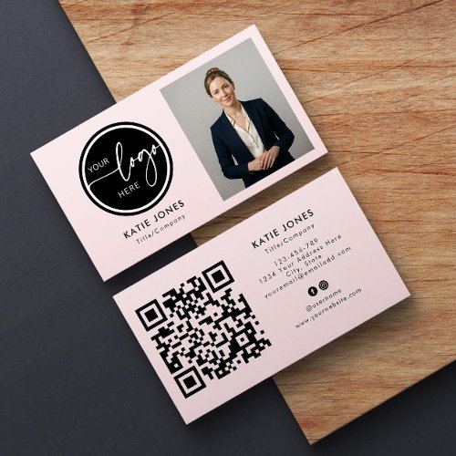 QR Code Blush Pink Custom Photo Your Logo Business Card