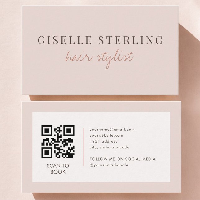 QR Code Blush Pink Hair Stylist Business Card (Creator Uploaded)