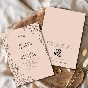 QR Code Blush Pink Minimal Leaf Wedding Invitation