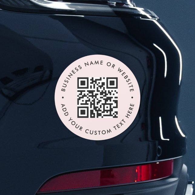 QR Code | Blush Pink Modern Round Bumper Car Magnet (Interactive editable QR code car magnet signs to promote your business, products or services.)
