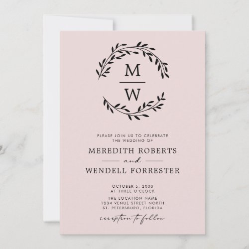 QR Code Blush Pink Monogram Wreath Wedding Invitation