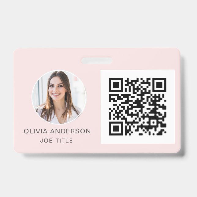 QR Code Blush Pink Photo Business Card Badge (Front)