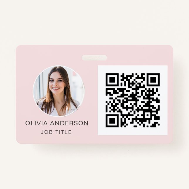 QR Code Blush Pink Photo Business Card Badge (Front)