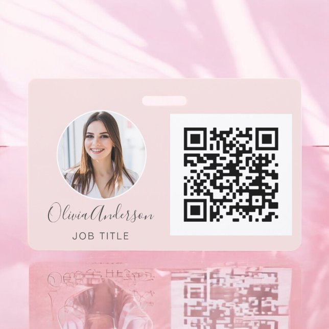 QR Code Blush Pink Photo Business Card Badge (Creator Uploaded)