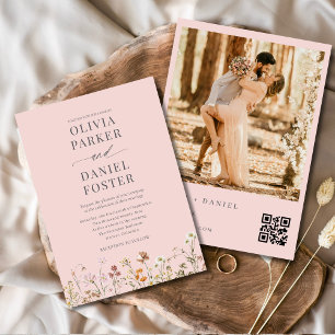 QR Code Blush Pink Photo Wildflower Wedding  Invitation