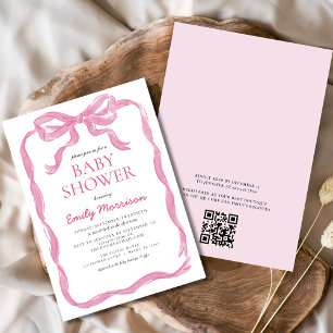 QR Code Blush Pink Ribbon Bow Girl Baby Shower Invitation