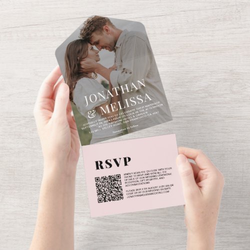 QR Code   Blush Pink Simple Overlay Photo Wedding All In One Invitation