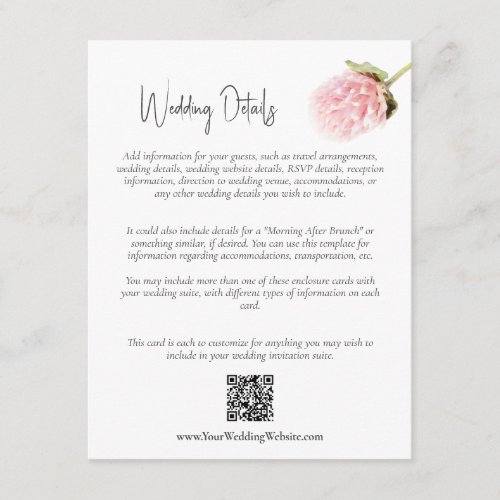 QR Code Blush Pink White Floral Wedding Details Enclosure Card