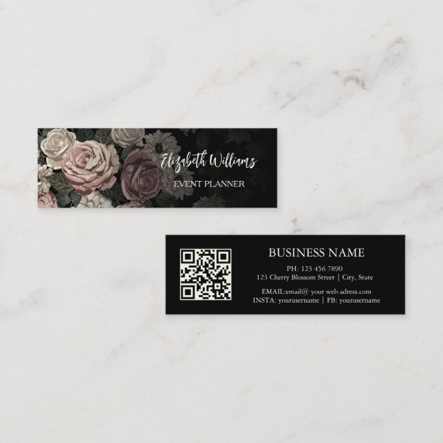 QR Code | Blush Roses Black Mini Business Card (Front/Back)