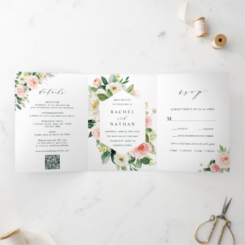 QR Code Blush White Bloom Floral Wedding Tri_Fold Invitation