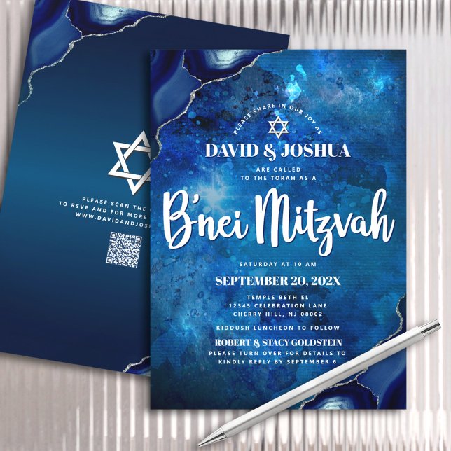QR Code B'nei Mitzvah Blue Agate Galaxy Script Invitation (Creator Uploaded)