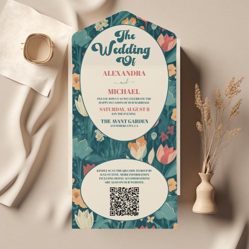 QR Code Boho Chic Retro Colorful Floral Wedding  All In One Invitation