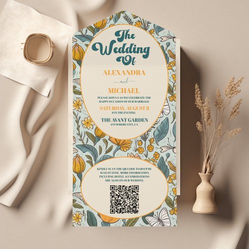 QR Code Boho Chic Retro Colorful Floral Wedding  All In One Invitation