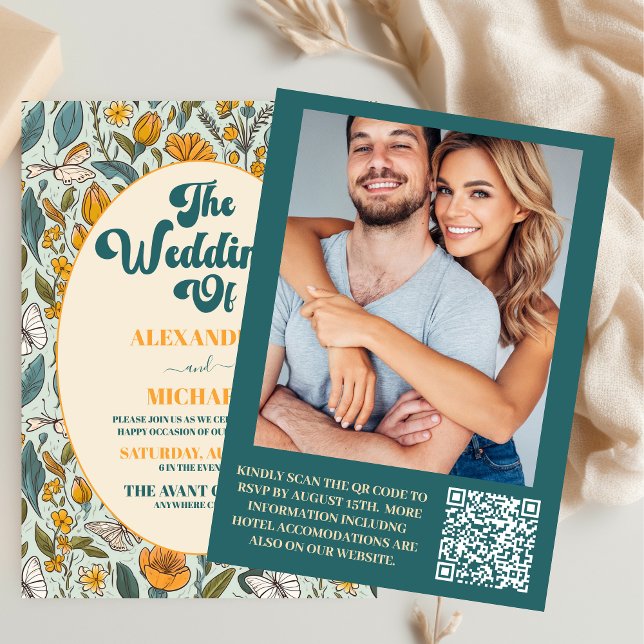 QR Code Boho Chic Retro Colorful Floral Wedding  Invitation (Creator Uploaded)