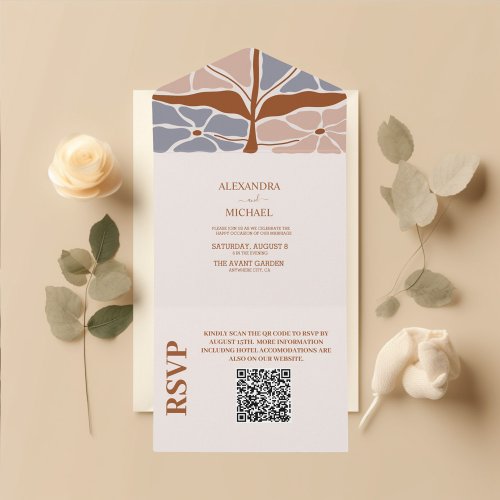 QR Code Boho Chic Retro Floral Wedding All In One Invitation